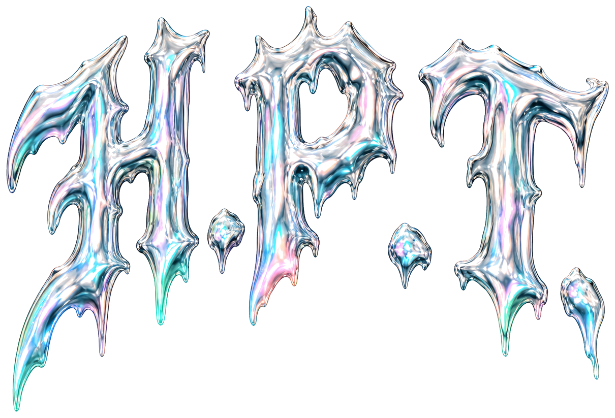 H.P.T. rendered in chrome iridescent gothic blackletter lettering