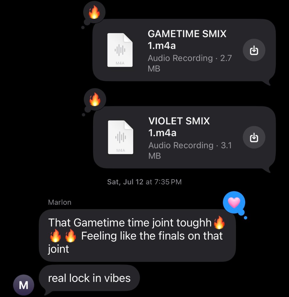 iMessage thread with Marlon reacting to the Gametime and Violet demo recordings
